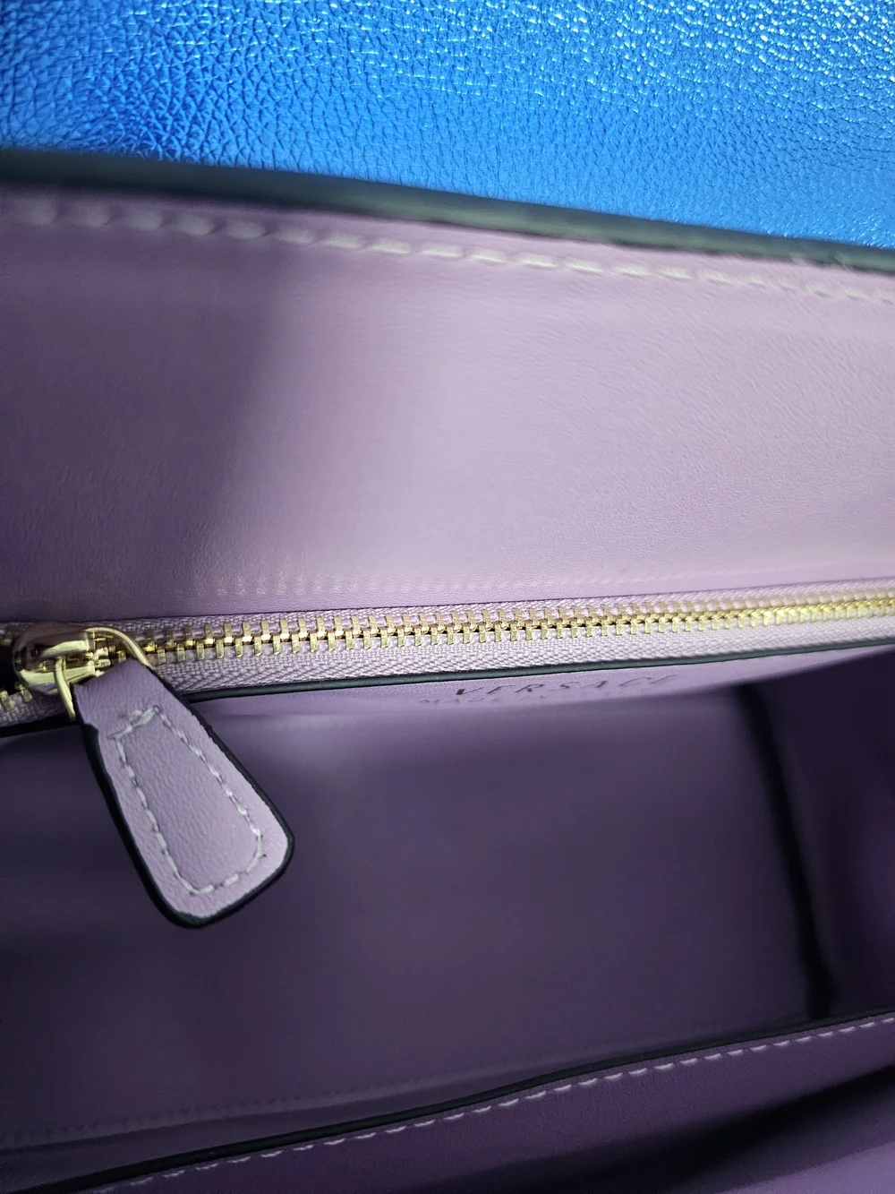 Metallic Blue Top-Handle Satchel with Gold Chain Accent - Picture 9 of 13